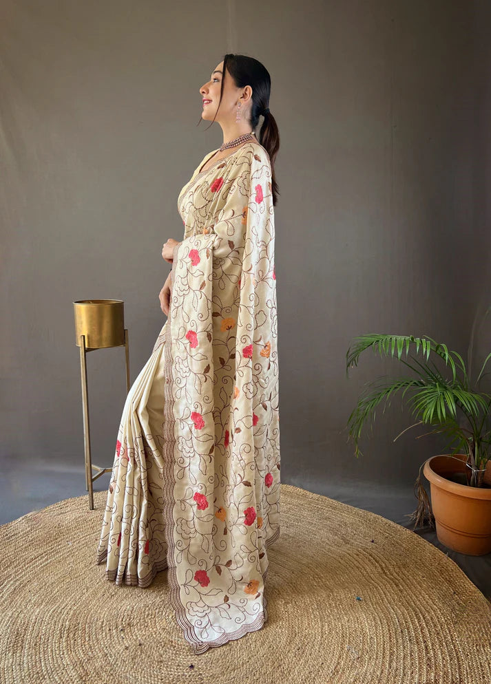 Dixz Fashion Pure Tussar Silk Embroidered with Floral Jaal & Cutwork Border Saree