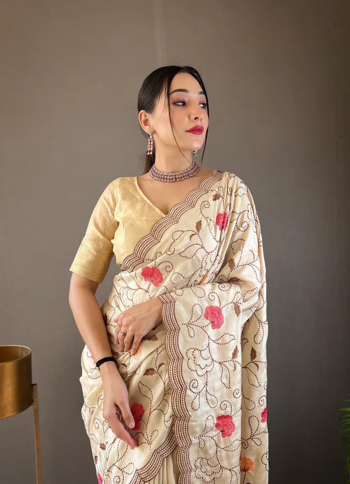 Dixz Fashion Pure Tussar Silk Embroidered with Floral Jaal & Cutwork Border Saree