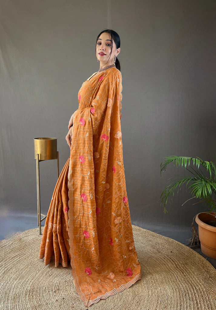 Dixz Fashion Pure Tussar Silk Embroidered with Floral Jaal & Cutwork Border Saree