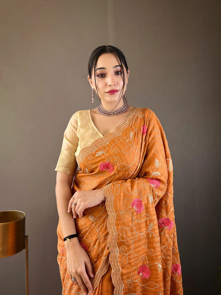 Dixz Fashion Pure Tussar Silk Embroidered with Floral Jaal & Cutwork Border Saree
