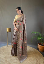 Dixz Fashion Pure Tussar Silk Embroidered with Floral Jaal & Cutwork Border Saree