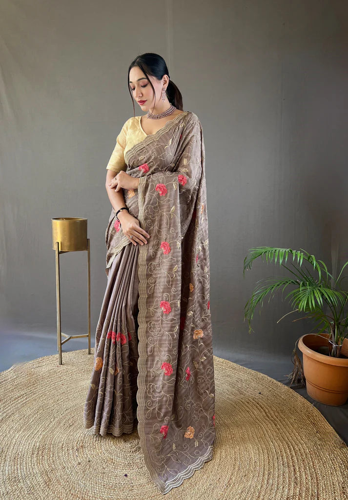 Dixz Fashion Pure Tussar Silk Embroidered with Floral Jaal & Cutwork Border Saree