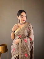Dixz Fashion Pure Tussar Silk Embroidered with Floral Jaal & Cutwork Border Saree
