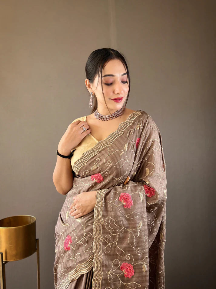 Dixz Fashion Pure Tussar Silk Embroidered with Floral Jaal & Cutwork Border Saree
