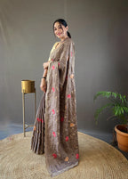 Dixz Fashion Pure Tussar Silk Embroidered with Floral Jaal & Cutwork Border Saree