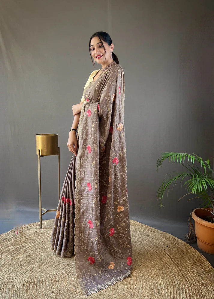 Dixz Fashion Pure Tussar Silk Embroidered with Floral Jaal & Cutwork Border Saree