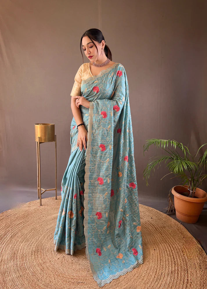 Dixz Fashion Pure Tussar Silk Embroidered with Floral Jaal & Cutwork Border Saree