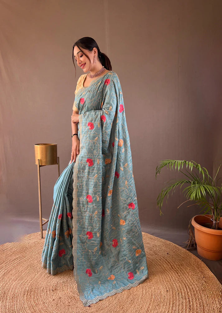 Dixz Fashion Pure Tussar Silk Embroidered with Floral Jaal & Cutwork Border Saree