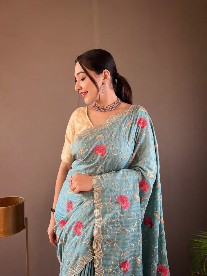 Dixz Fashion Pure Tussar Silk Embroidered with Floral Jaal & Cutwork Border Saree