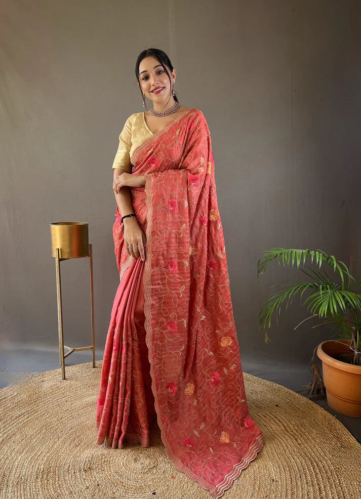 Dixz Fashion Pure Tussar Silk Embroidered with Floral Jaal & Cutwork Border Saree