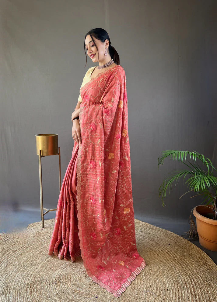 Dixz Fashion Pure Tussar Silk Embroidered with Floral Jaal & Cutwork Border Saree