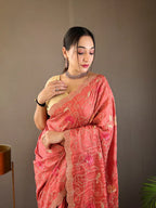 Dixz Fashion Pure Tussar Silk Embroidered with Floral Jaal & Cutwork Border Saree