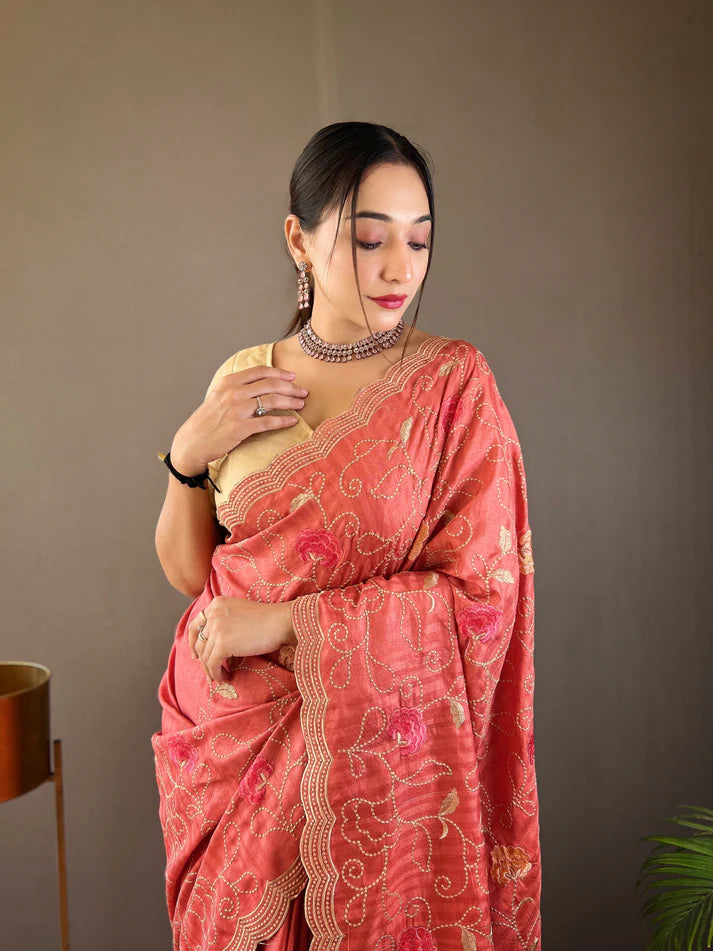 Dixz Fashion Pure Tussar Silk Embroidered with Floral Jaal & Cutwork Border Saree