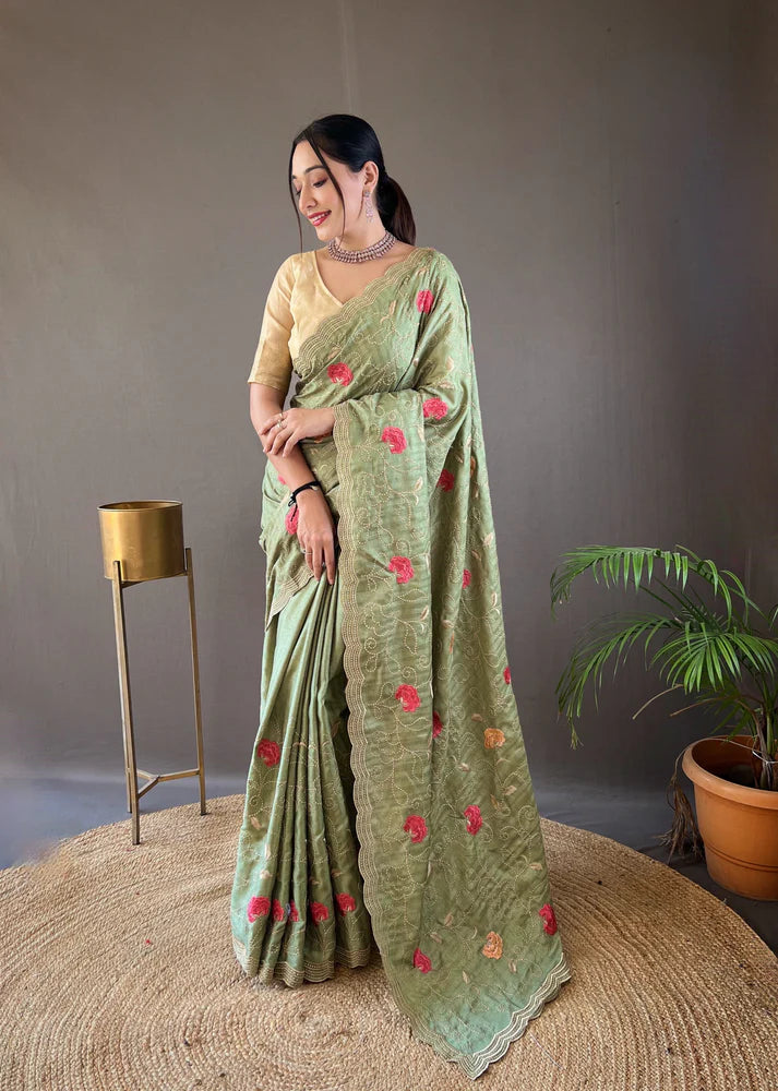 Dixz Fashion Pure Tussar Silk Embroidered with Floral Jaal & Cutwork Border Saree