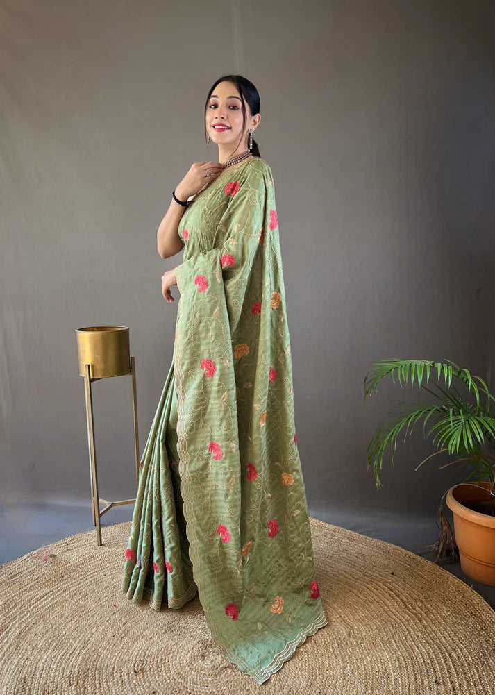 Dixz Fashion Pure Tussar Silk Embroidered with Floral Jaal & Cutwork Border Saree