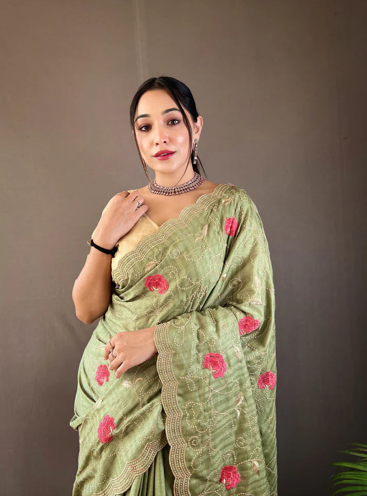 Dixz Fashion Pure Tussar Silk Embroidered with Floral Jaal & Cutwork Border Saree