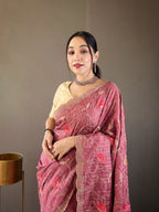 Dixz Fashion Pure Tussar Silk Embroidered with Floral Jaal & Cutwork Border Saree