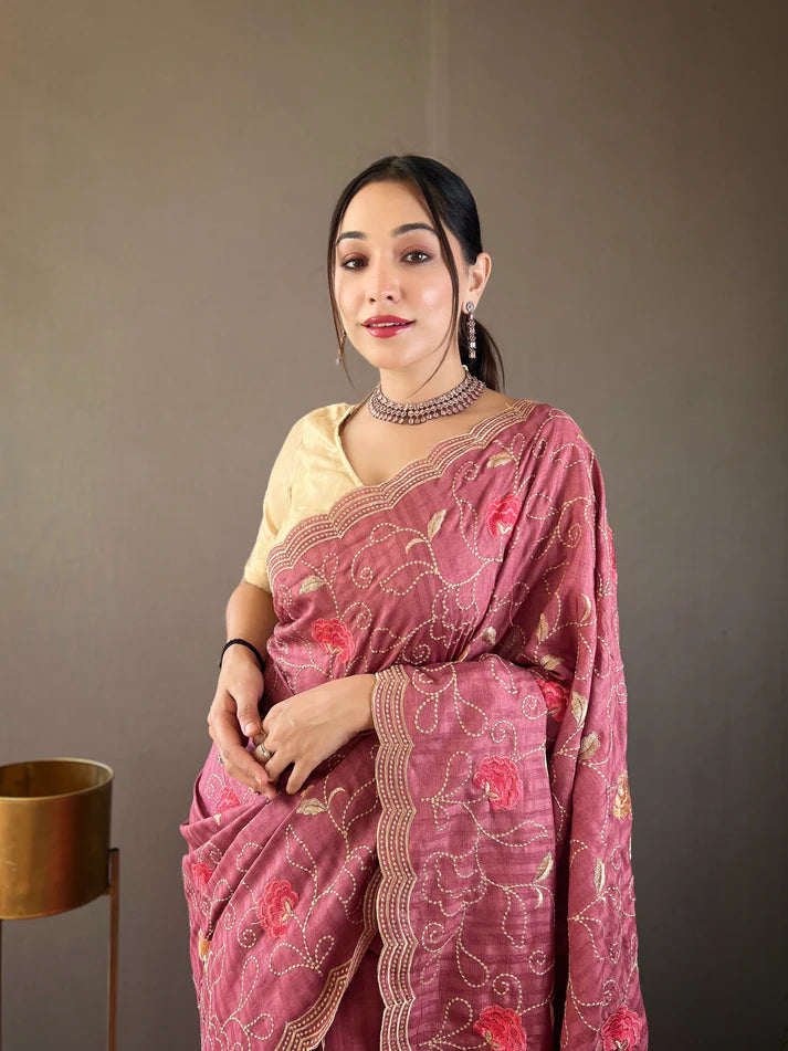 Dixz Fashion Pure Tussar Silk Embroidered with Floral Jaal & Cutwork Border Saree