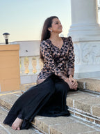 Dixz Fashion Silk Peplum & Satin Georgette Palazzo Set with Puffed Sleeves