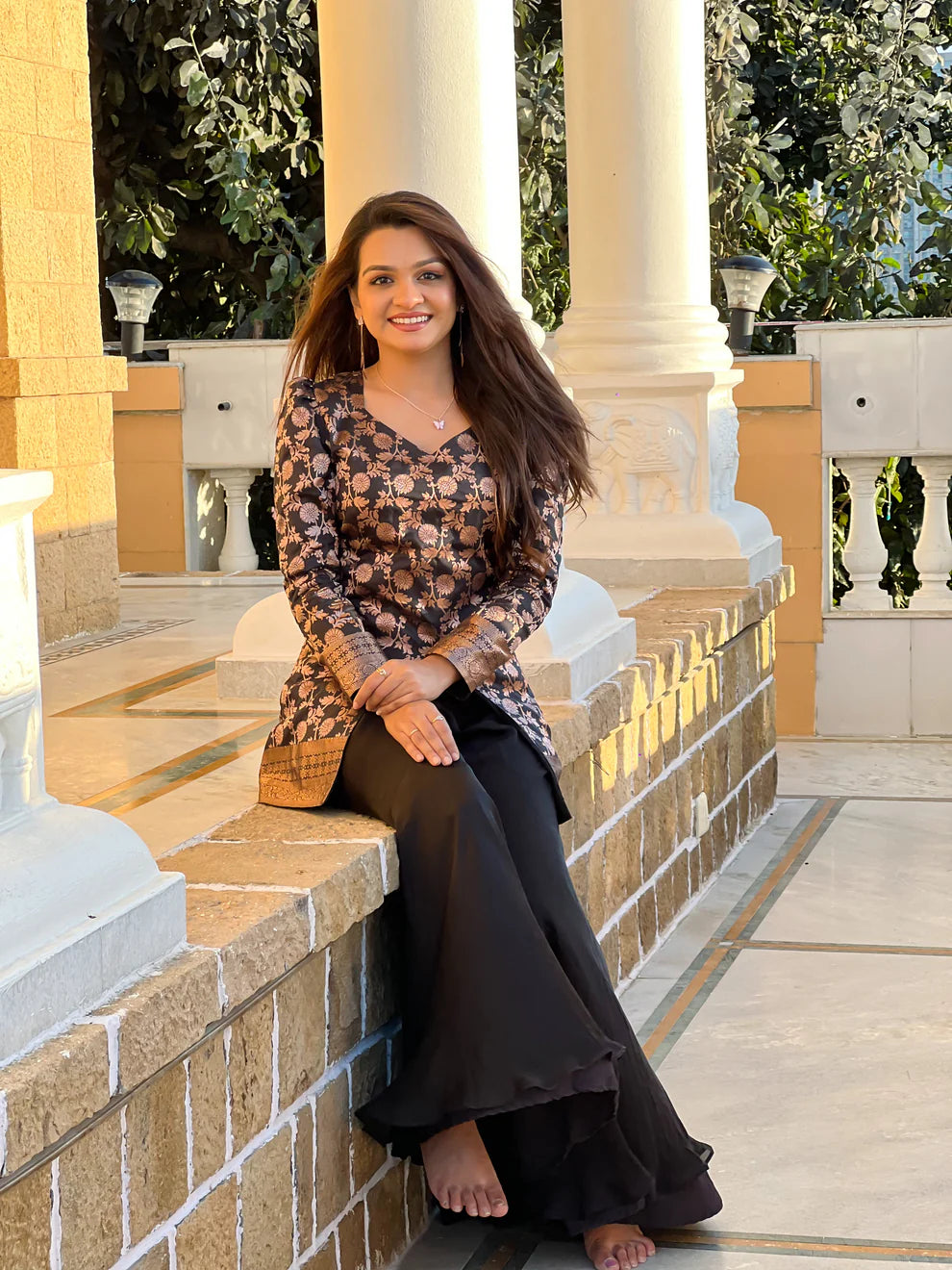 Dixz Fashion Silk Peplum & Satin Georgette Palazzo Set with Puffed Sleeves