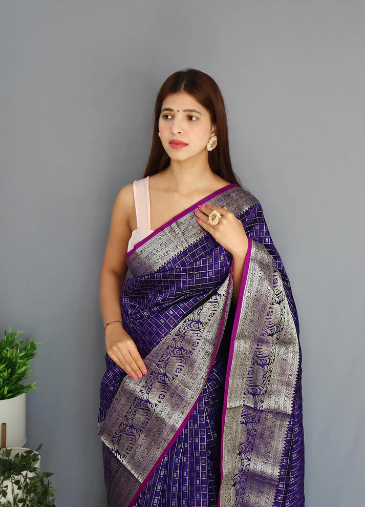 Dixz Fashion Graceful Khicha Checks Silk Saree with Rich Pallu & Embellished Border