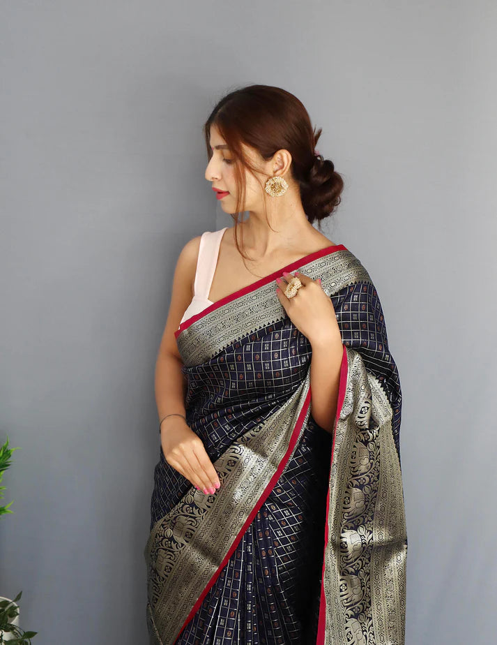 Dixz Fashion Graceful Khicha Checks Silk Saree with Rich Pallu & Embellished Border