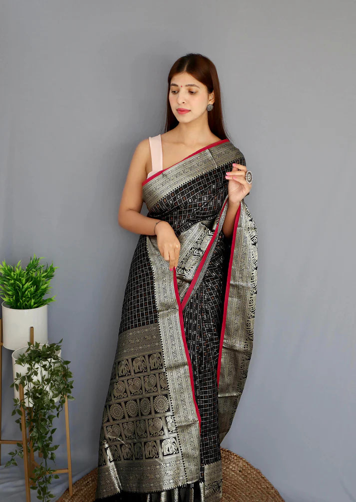 Dixz Fashion Graceful Khicha Checks Silk Saree with Rich Pallu & Embellished Border