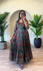 Dixz Fashion Festive Silk Blend Anarkali with Kalamkari Print