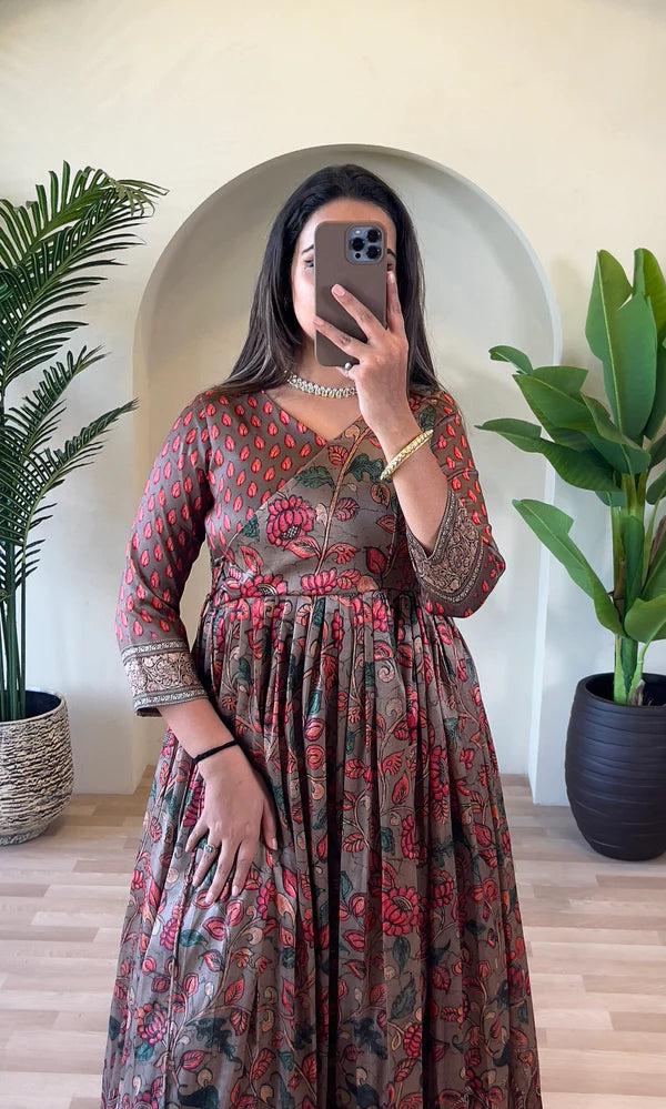 Dixz Fashion Festive Silk Blend Anarkali with Kalamkari Print