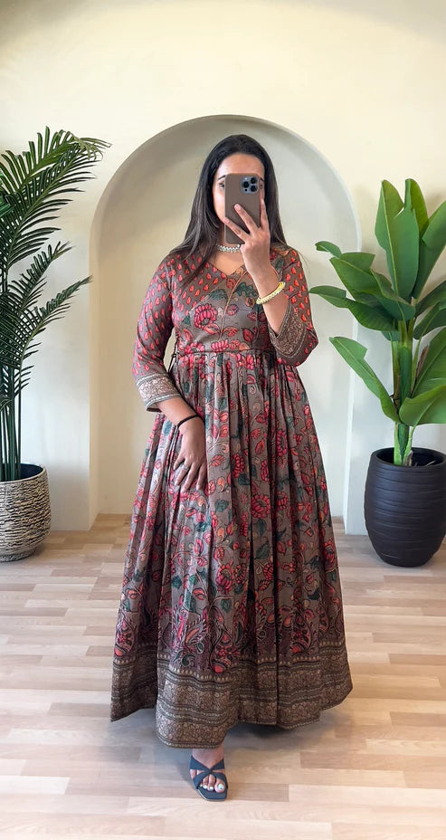 Dixz Fashion Festive Silk Blend Anarkali with Kalamkari Print