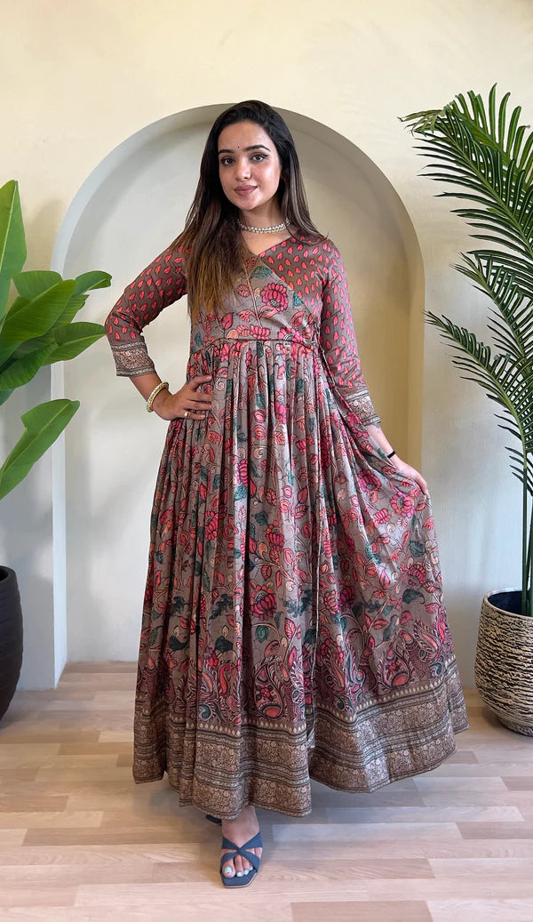 Dixz Fashion Festive Silk Blend Anarkali with Kalamkari Print