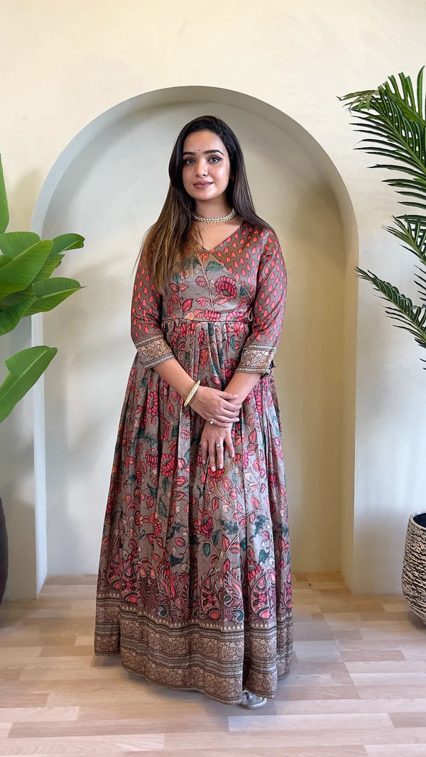 Dixz Fashion Festive Silk Blend Anarkali with Kalamkari Print