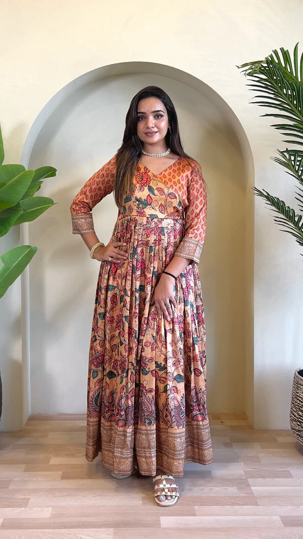Dixz Fashion Festive Silk Blend Anarkali with Kalamkari Print