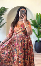 Dixz Fashion Festive Silk Blend Anarkali with Kalamkari Print