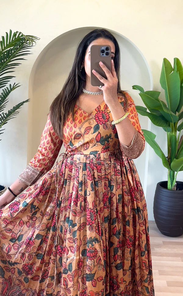 Dixz Fashion Festive Silk Blend Anarkali with Kalamkari Print