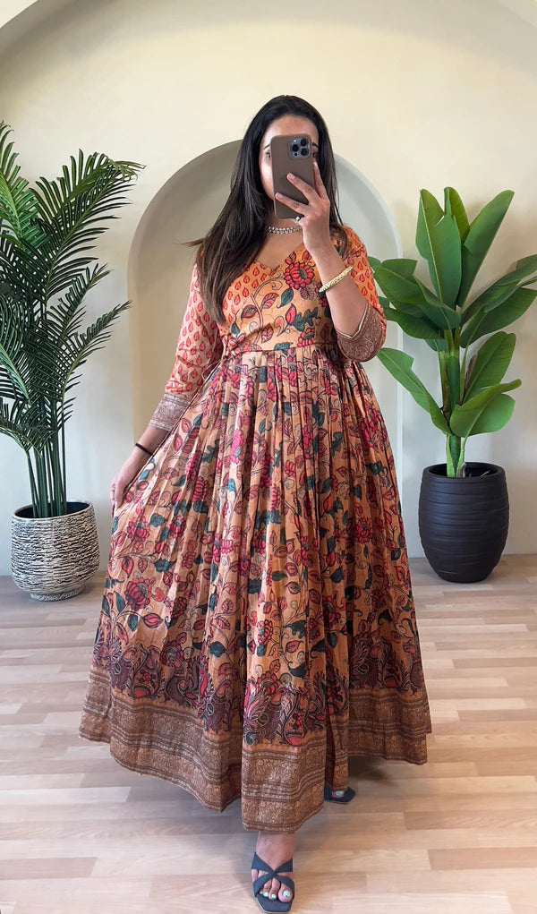 Dixz Fashion Festive Silk Blend Anarkali with Kalamkari Print