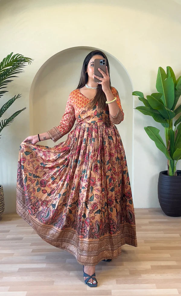 Dixz Fashion Festive Silk Blend Anarkali with Kalamkari Print