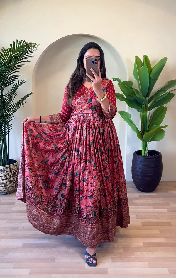 Dixz Fashion Festive Silk Blend Anarkali with Kalamkari Print