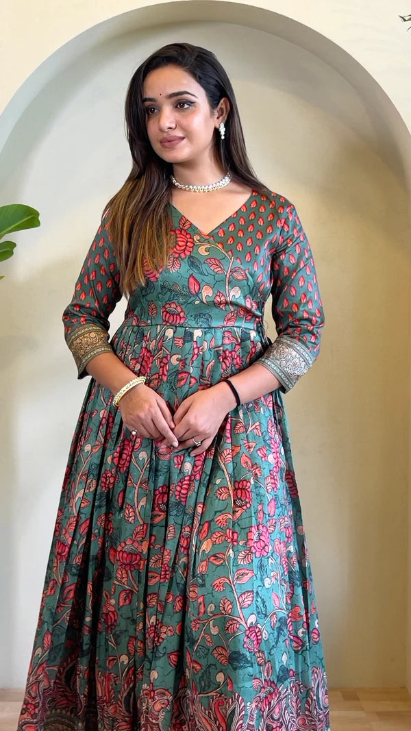 Dixz Fashion Festive Silk Blend Anarkali with Kalamkari Print