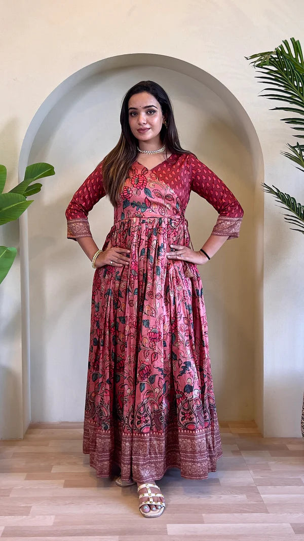 Dixz Fashion Festive Silk Blend Anarkali with Kalamkari Print