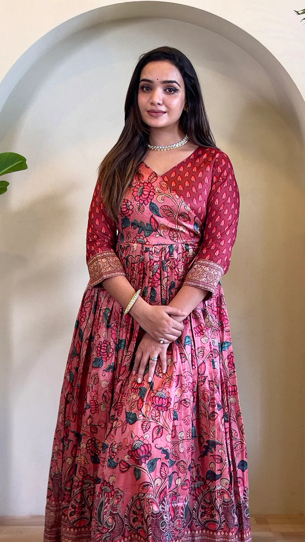 Dixz Fashion Festive Silk Blend Anarkali with Kalamkari Print