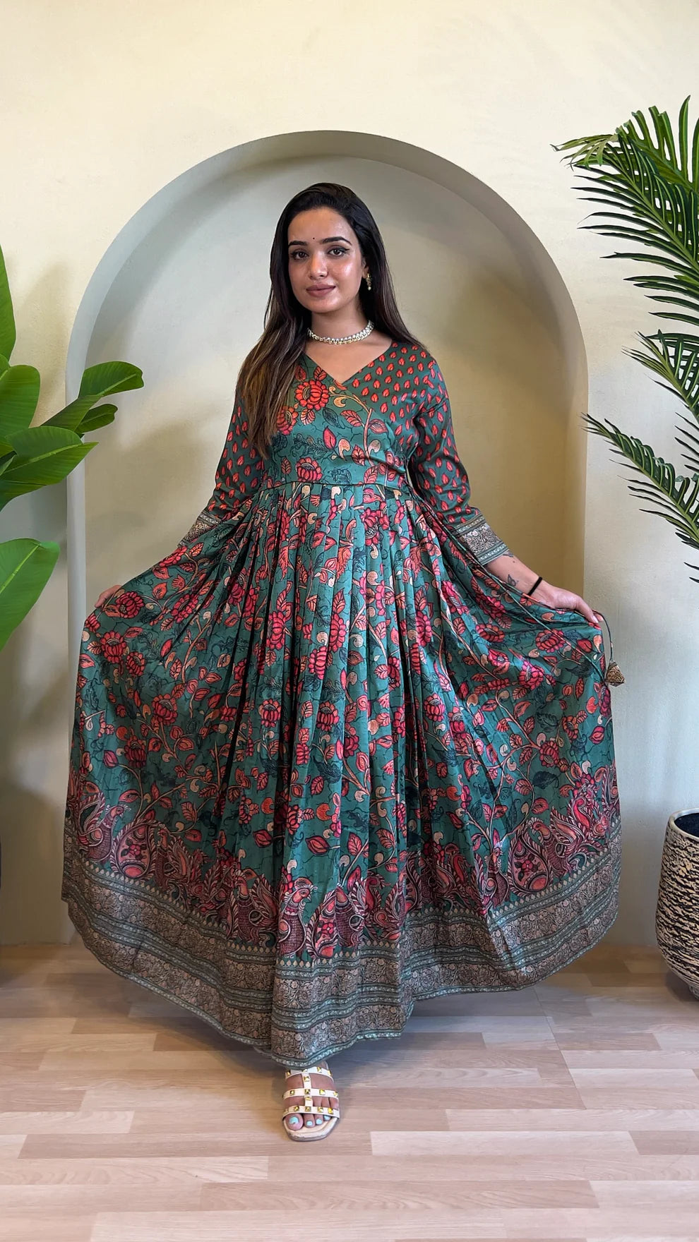 Dixz Fashion Festive Silk Blend Anarkali with Kalamkari Print