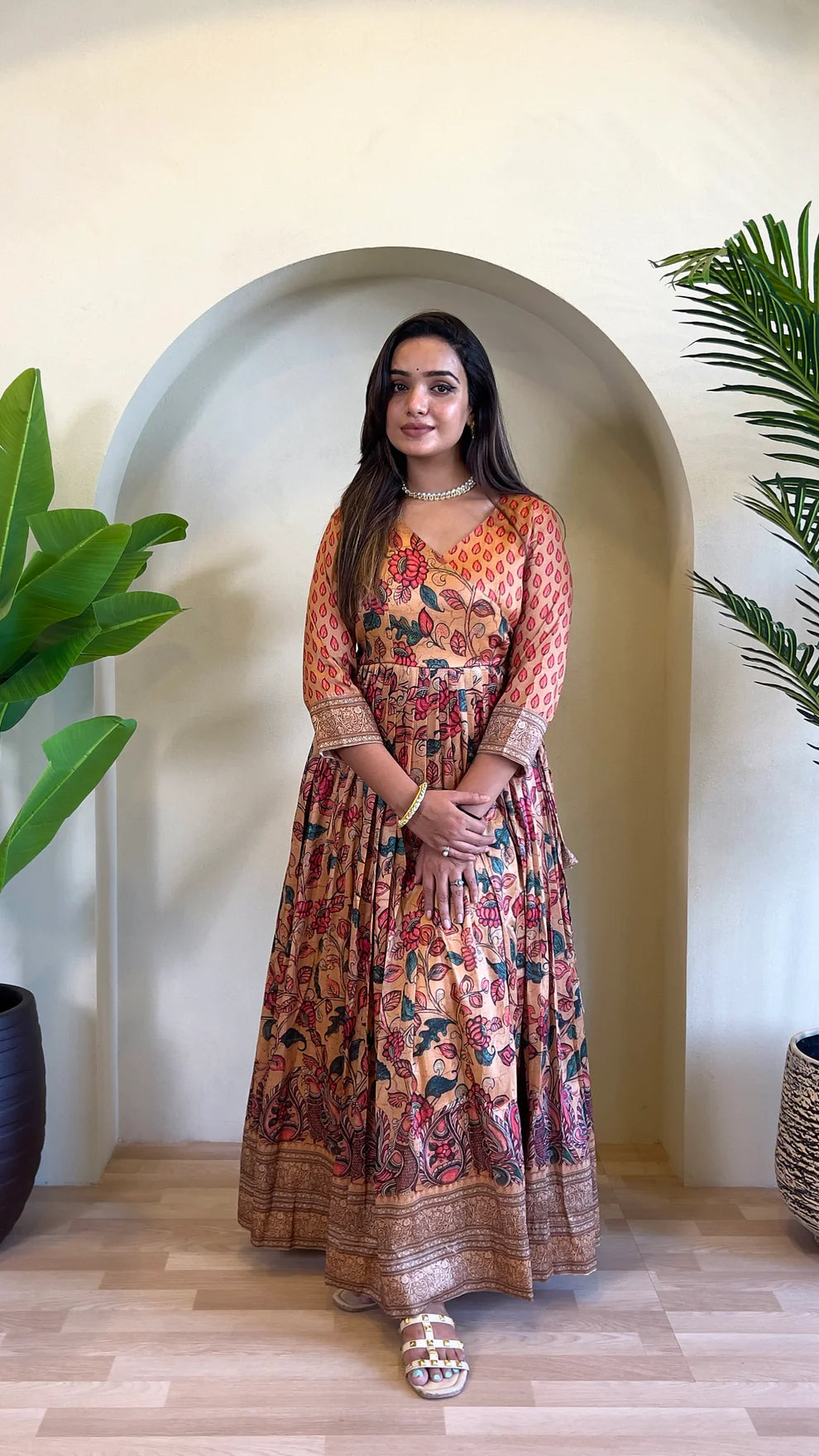 Dixz Fashion Festive Silk Blend Anarkali with Kalamkari Print