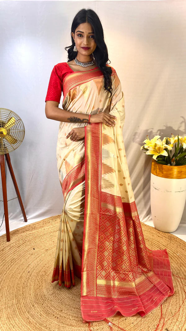 Dixz Fashion Ashmita – Semi Kanchi Silk Saree with Temple Border & Rich Zari Weaving