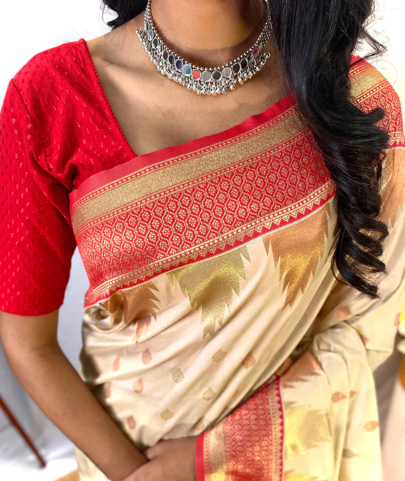 Dixz Fashion Ashmita – Semi Kanchi Silk Saree with Temple Border & Rich Zari Weaving