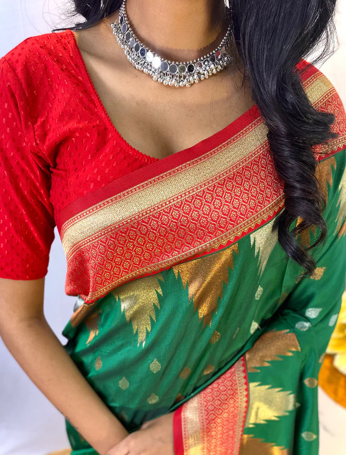 Dixz Fashion Ashmita – Semi Kanchi Silk Saree with Temple Border & Rich Zari Weaving