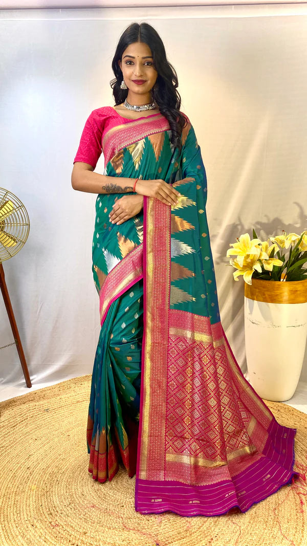 Dixz Fashion Ashmita – Semi Kanchi Silk Saree with Temple Border & Rich Zari Weaving