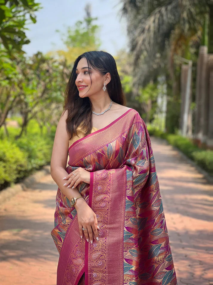 Dixz Fashion Kanchipattu Silk Saree with Contrast Weaving Border