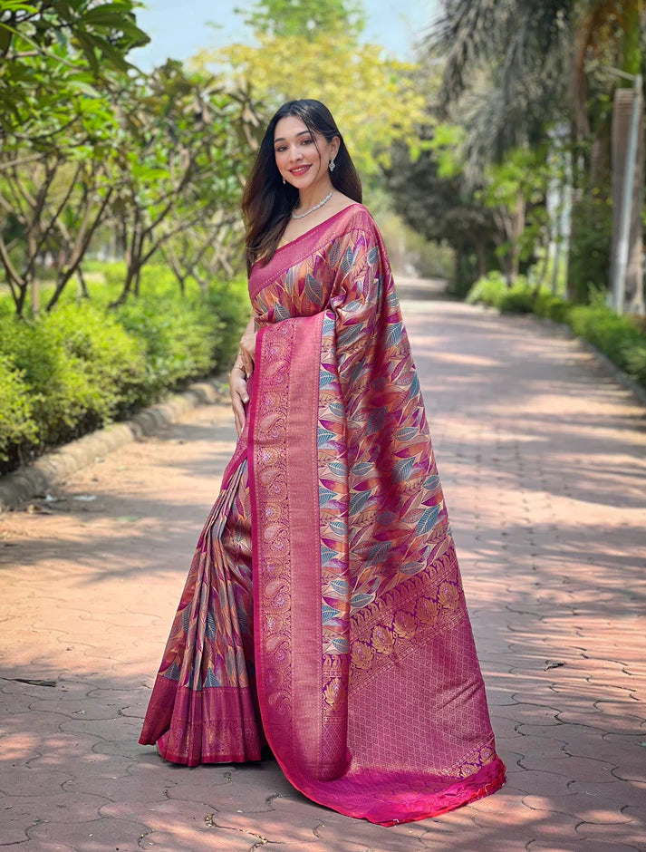 Dixz Fashion Kanchipattu Silk Saree with Contrast Weaving Border