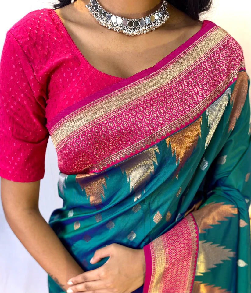 Dixz Fashion Ashmita – Semi Kanchi Silk Saree with Temple Border & Rich Zari Weaving